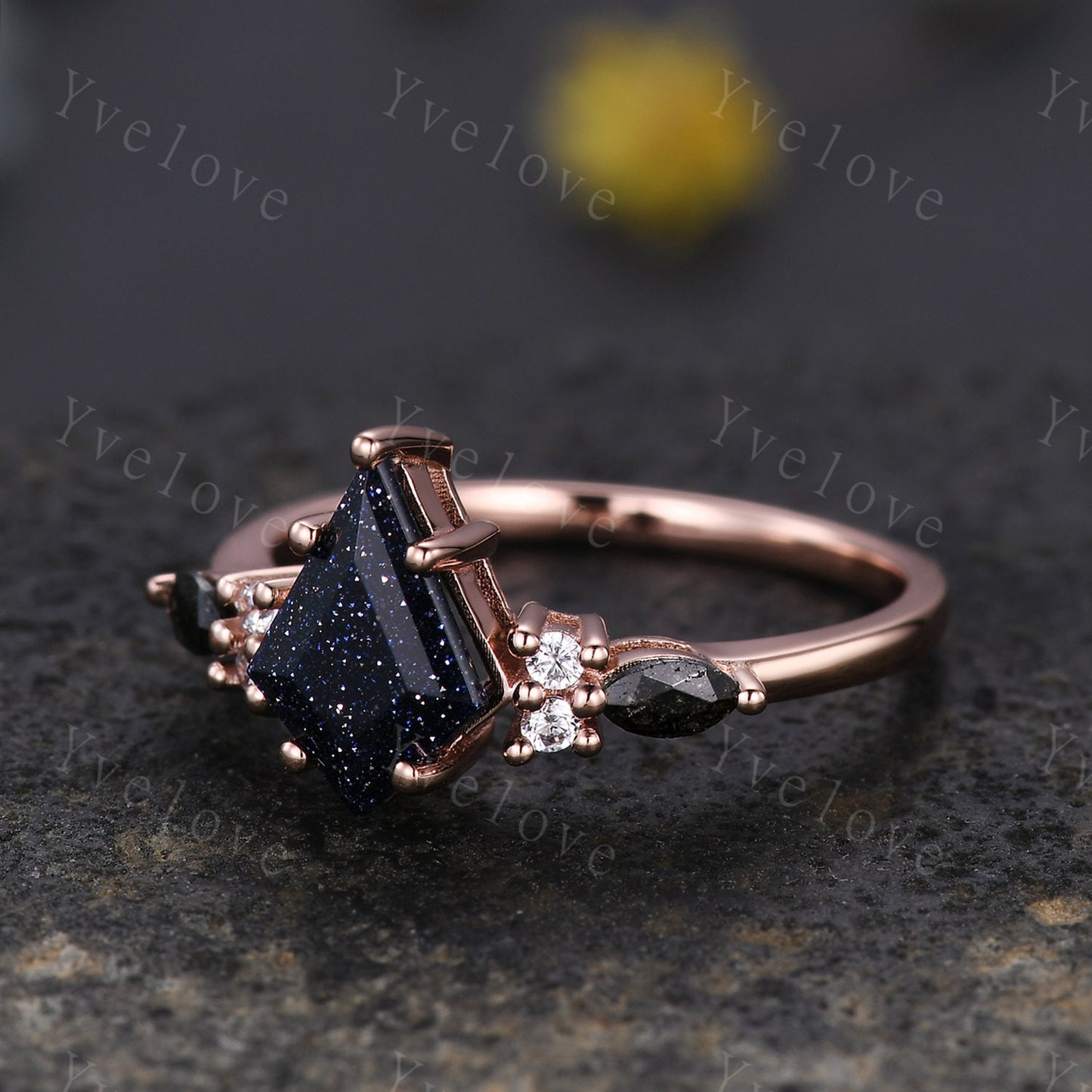 Gothic Kite Cut Sandstone Engagement Ring,Unique Bridal Ring,Marquise Black Rutilated Quartz,Galaxy Sandstone Promise Ring Gift For her