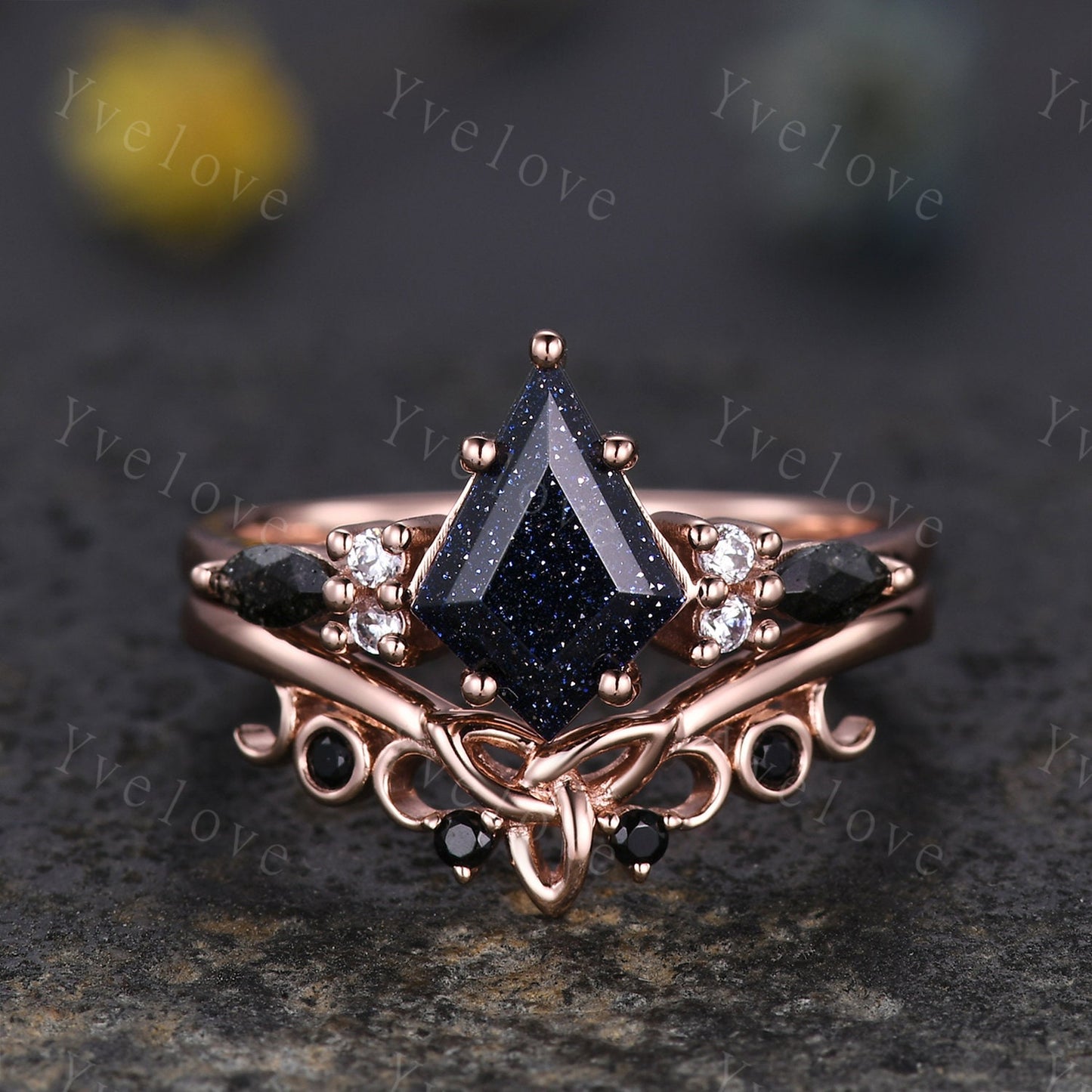 Gothic Kite Cut Sandstone Engagement Ring,Unique Bridal Ring,Marquise Black Rutilated Quartz,Galaxy Sandstone Promise Ring Gift For her