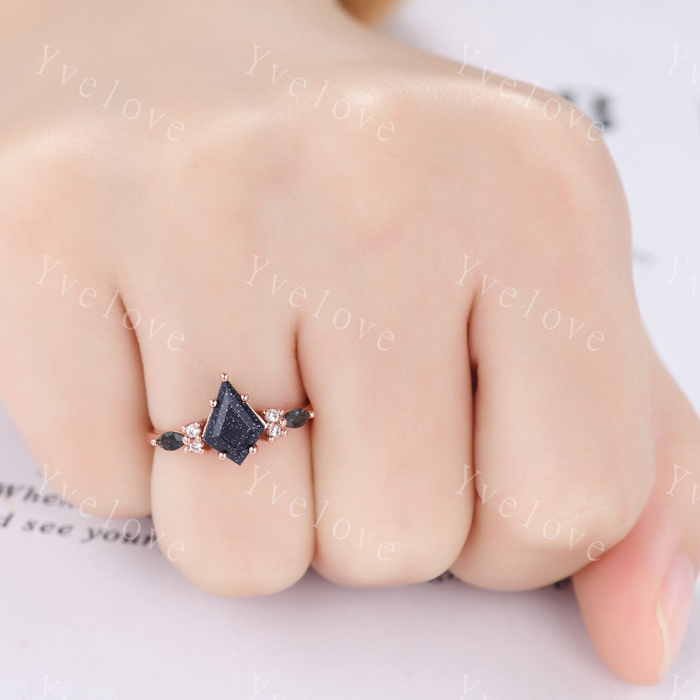 Vintage Kite Cut Sandstone Engagement Ring Set,Unique Bridal Ring,Marquise Black Rutilated Quartz,White Gold Galaxy Black Anniversary Ring