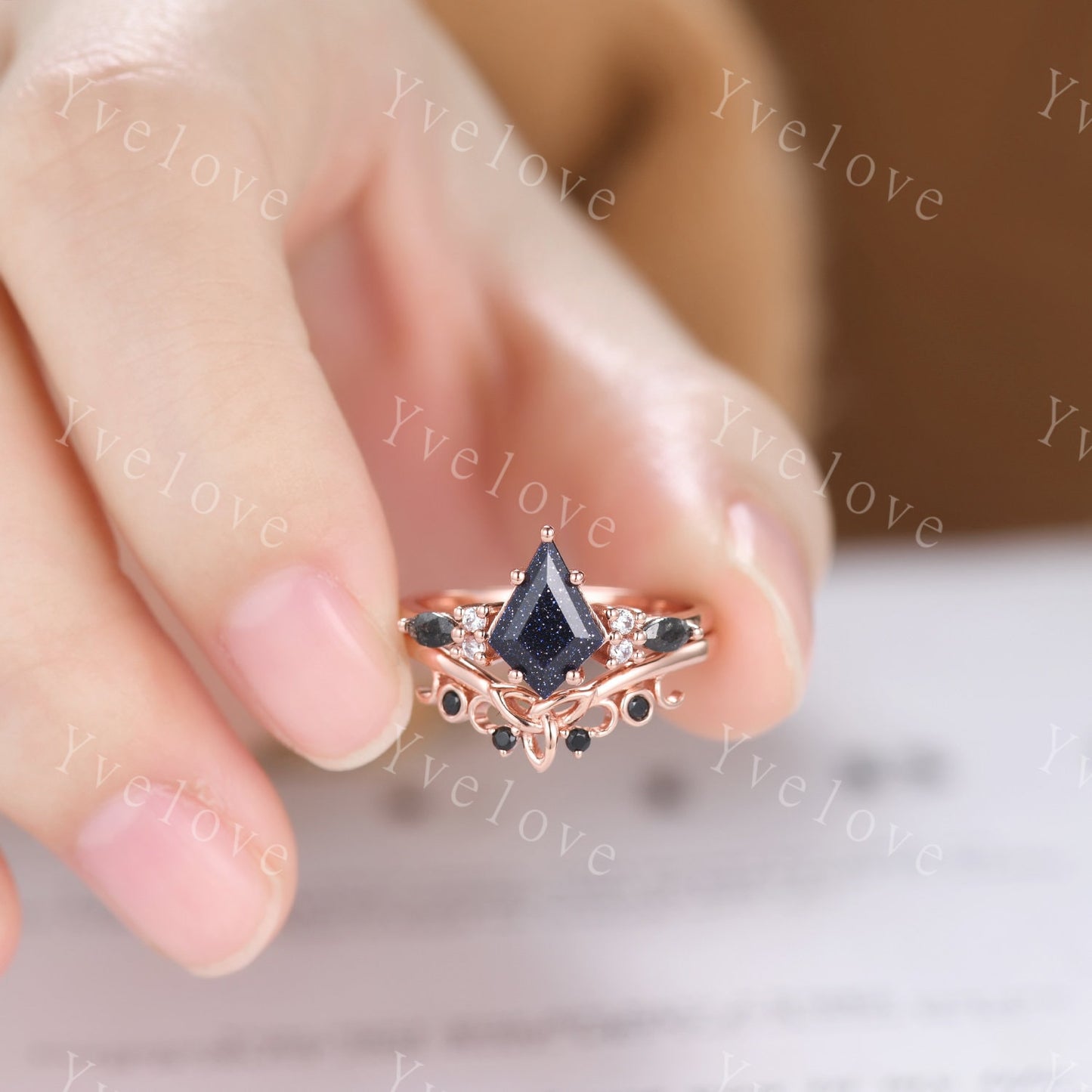 Gothic Kite Cut Sandstone Engagement Ring,Unique Bridal Ring,Marquise Black Rutilated Quartz,Galaxy Sandstone Promise Ring Gift For her