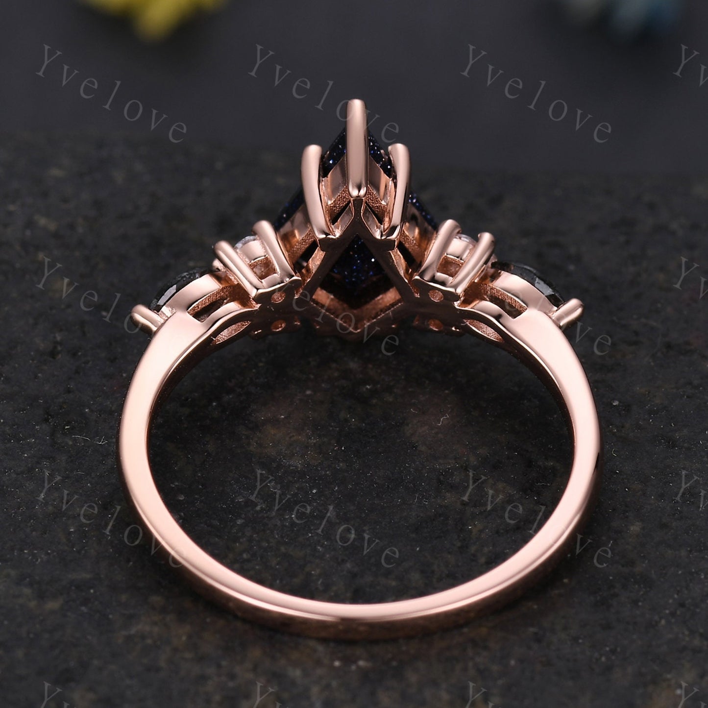 Gothic Kite Cut Sandstone Engagement Ring,Unique Bridal Ring,Marquise Black Rutilated Quartz,Galaxy Sandstone Promise Ring Gift For her