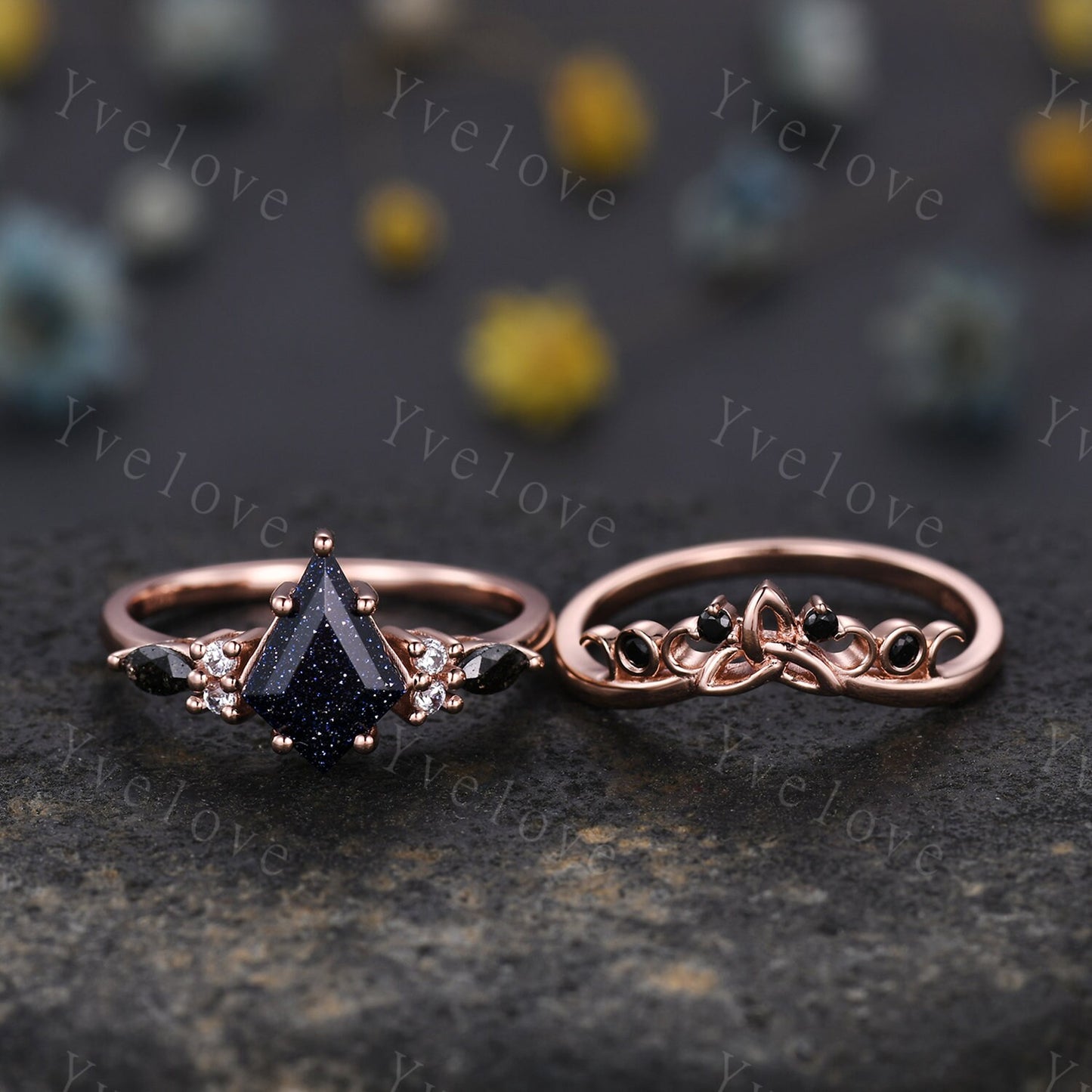 Gothic Kite Cut Sandstone Engagement Ring,Unique Bridal Ring,Marquise Black Rutilated Quartz,Galaxy Sandstone Promise Ring Gift For her