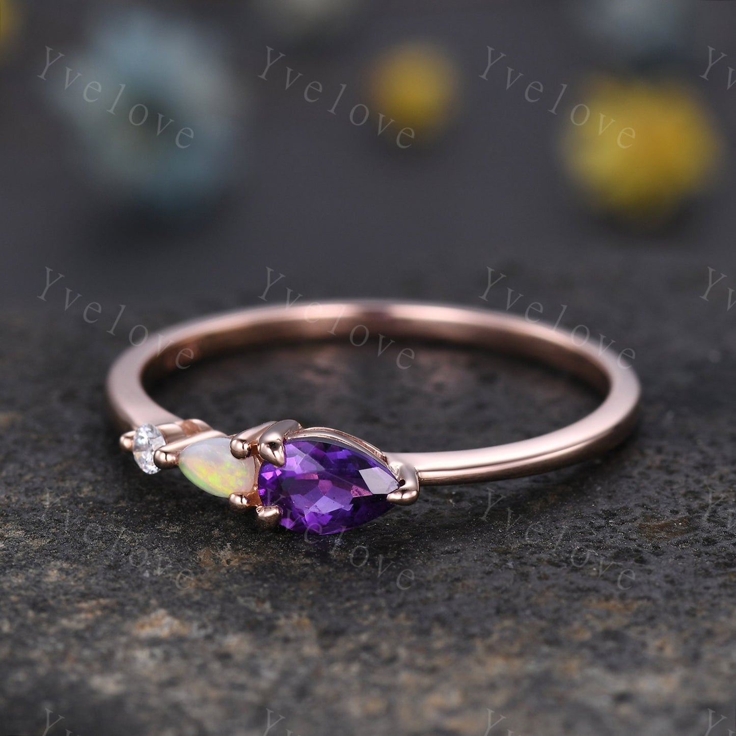 Vintage Amethyst Natural Opal Engagement Ring,Pear Cut Gems,Art Deco Diamond Wedding Band,3 Stone Unique Women Rose Gold Bridal Promise Ring