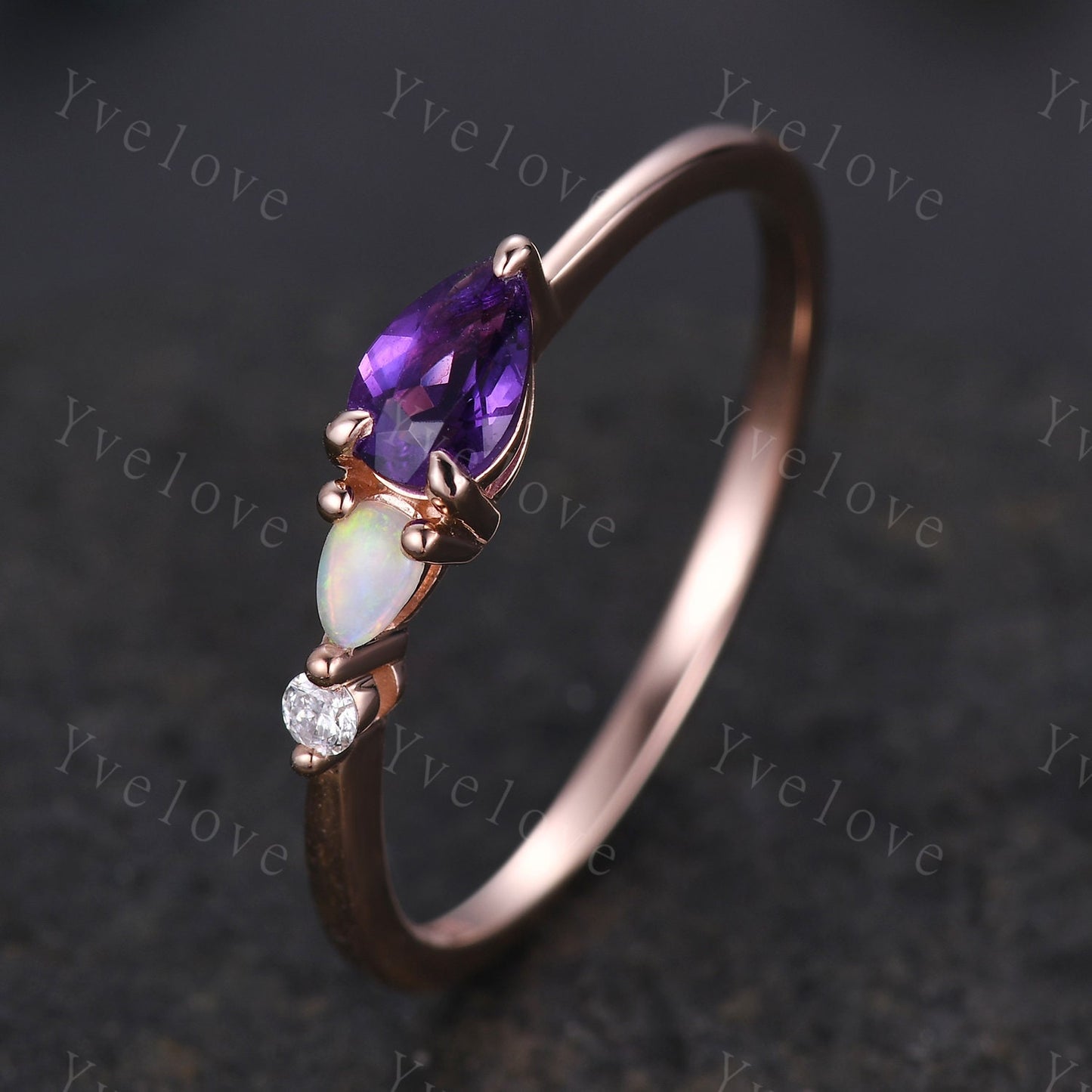 Vintage Amethyst Natural Opal Engagement Ring,Pear Cut Gems,Art Deco Diamond Wedding Band,3 Stone Unique Women Rose Gold Bridal Promise Ring