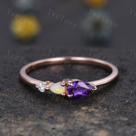 Vintage Amethyst Natural Opal Engagement Ring,Pear Cut Gems,Art Deco Diamond Wedding Band,3 Stone Unique Women Rose Gold Bridal Promise Ring