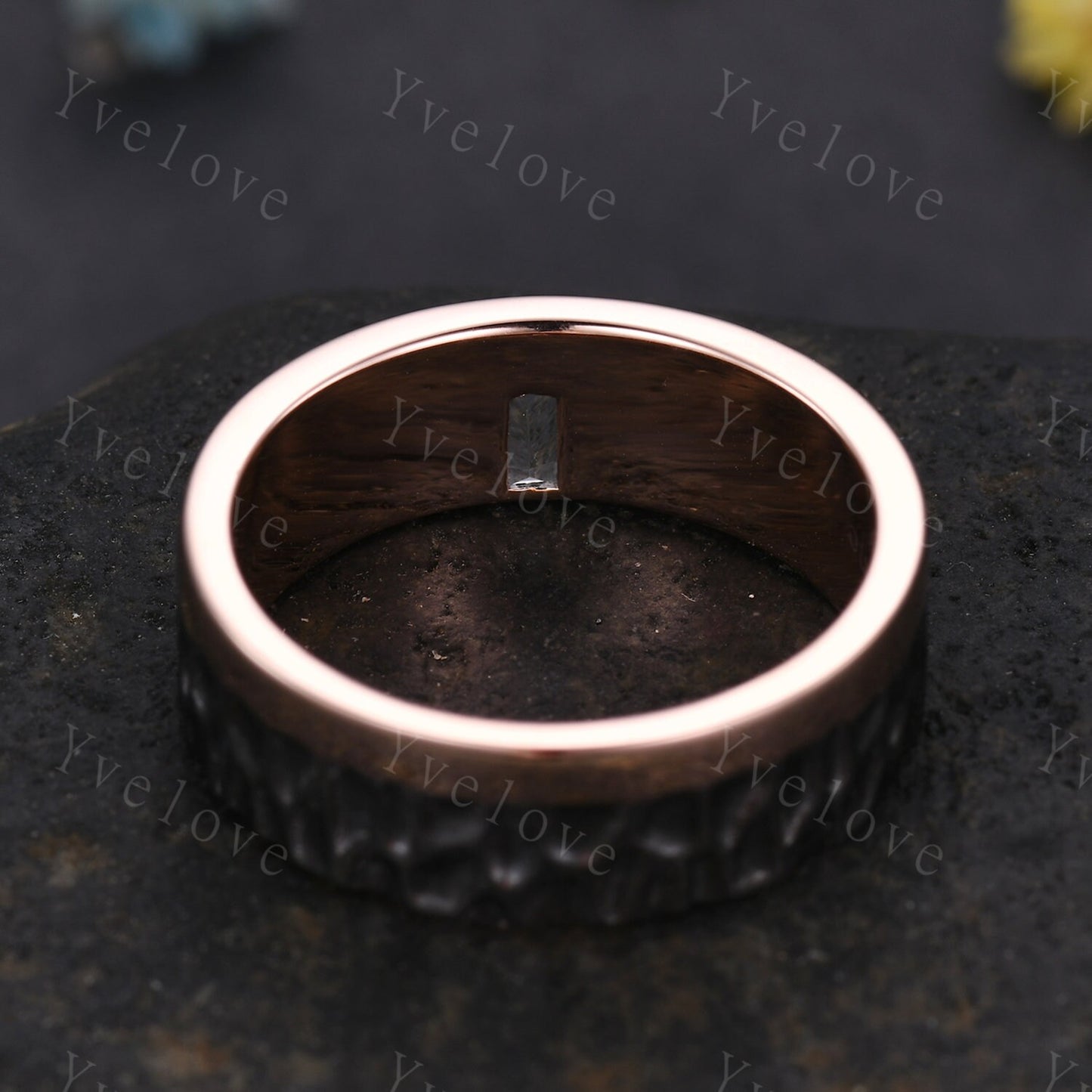 Antique Mens Morganite Wedding Band Baguette Cut Morganite Ring Rose Gold Hammered Finish Stacking Matching Band Retro Vintage Ring Gift