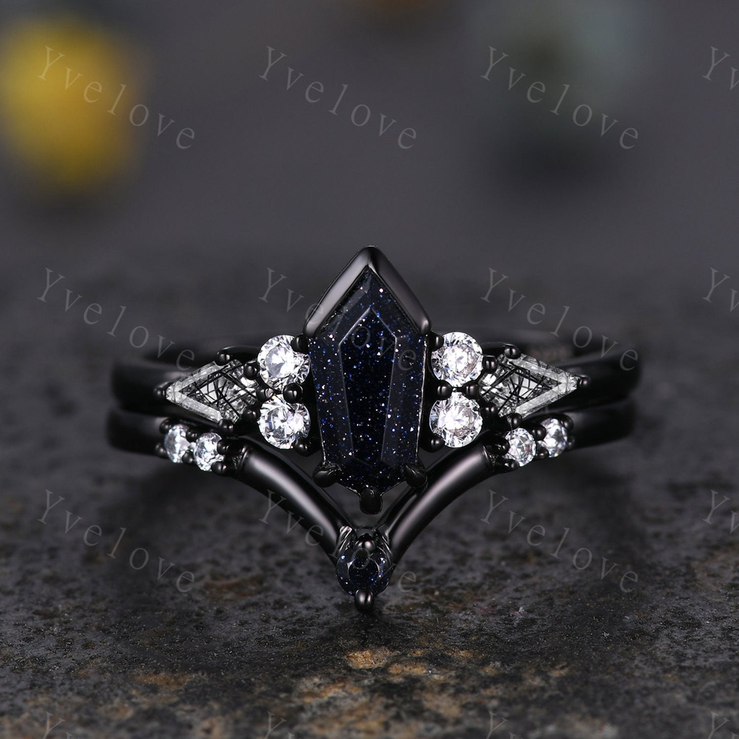 Gothic Shield Cut Sandstone Engagement Ring,Unique Nebula Ring,Kite Black Rutilated Quartz,Black Gold Galaxy Diamond Women Anniversary Gift