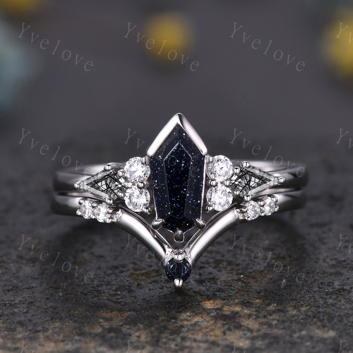 Gothic Shield Cut Sandstone Engagement Ring,Unique Nebula Ring,Kite Black Rutilated Quartz,Black Gold Galaxy Diamond Women Anniversary Gift