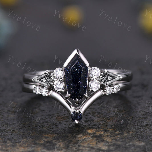 Gothic Coffin Cut Sandstone Engagement Ring Set,Unique Nebula Ring,Kite Black Quartz Ring,Sterling Silver Galaxy Diamond Anniversary Gift