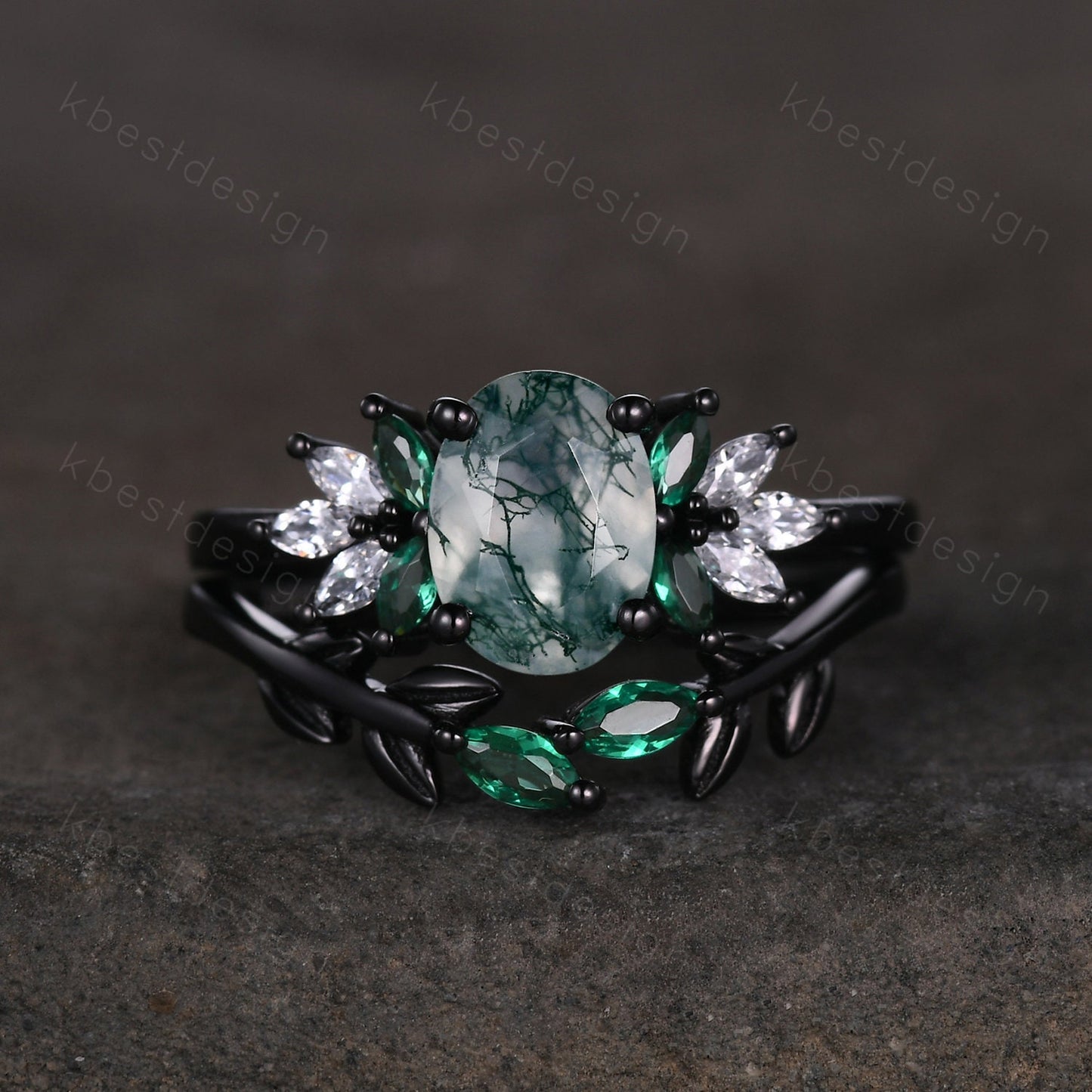 Vintage oval moss agate engagement ring set Curved emerald stacking band leaf style ring unique art deco bridal wedding ring set