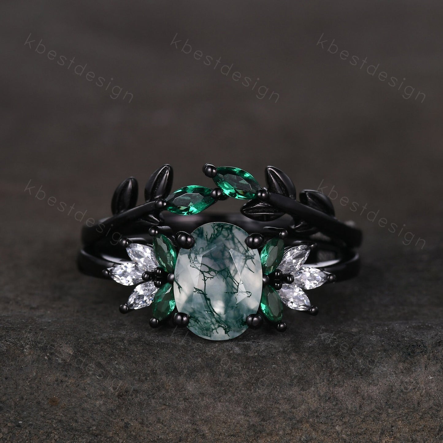 Vintage oval moss agate engagement ring set black gold cluster moissanite ring emerald stacking band unique art deco bridal wedding ring set