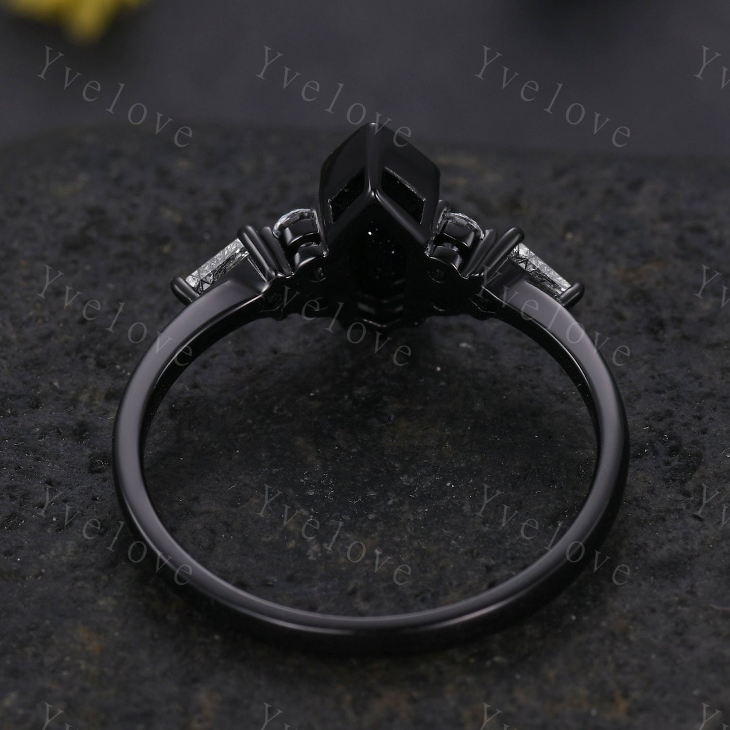 Gothic Shield Cut Sandstone Engagement Ring,Unique Nebula Ring,Kite Black Rutilated Quartz,Black Gold Galaxy Diamond Women Anniversary Gift