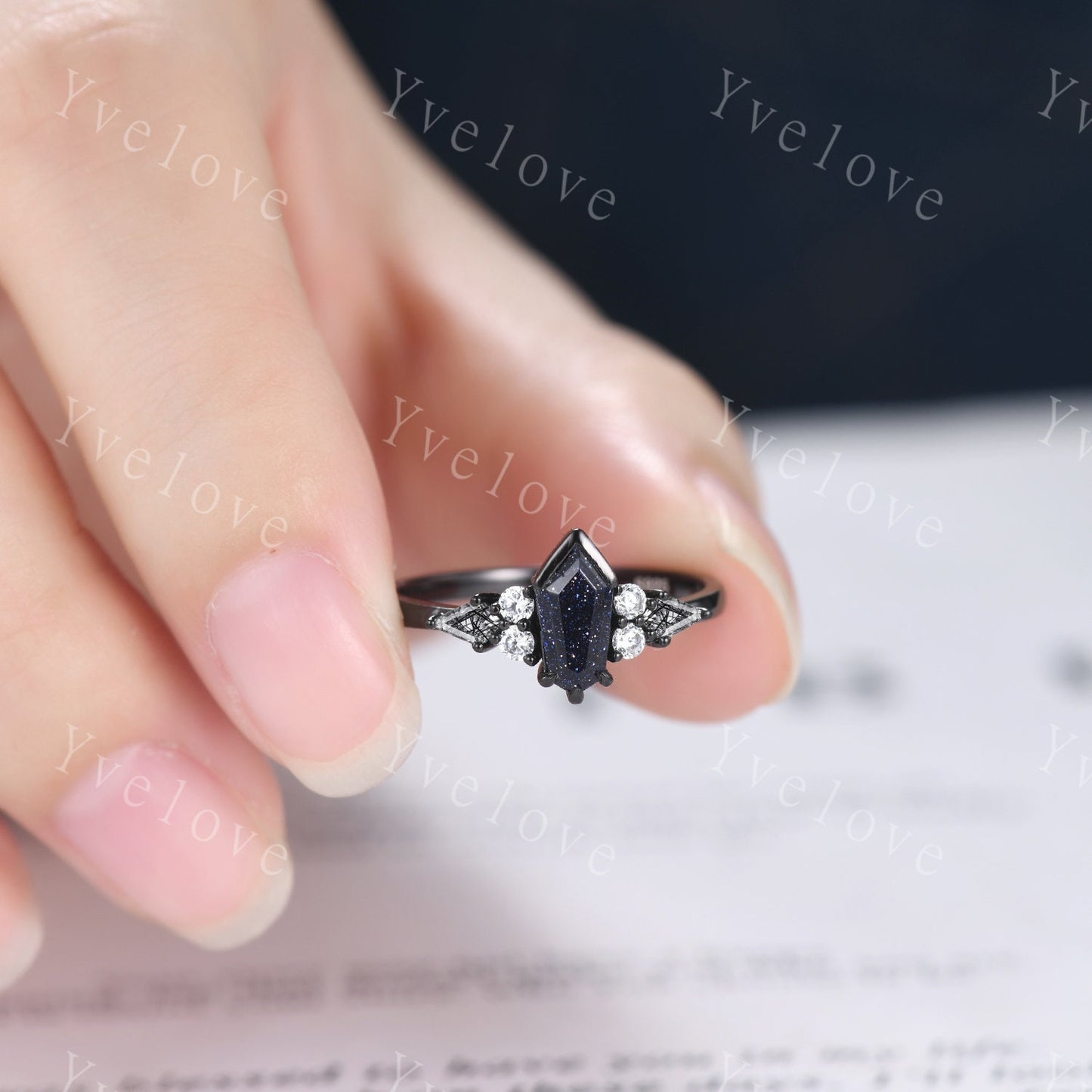 Gothic Shield Cut Sandstone Engagement Ring,Unique Nebula Ring,Kite Black Rutilated Quartz,Black Gold Galaxy Diamond Women Anniversary Gift