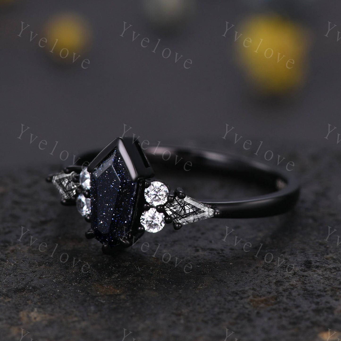 Gothic Shield Cut Sandstone Engagement Ring,Unique Nebula Ring,Kite Black Rutilated Quartz,Black Gold Galaxy Diamond Women Anniversary Gift