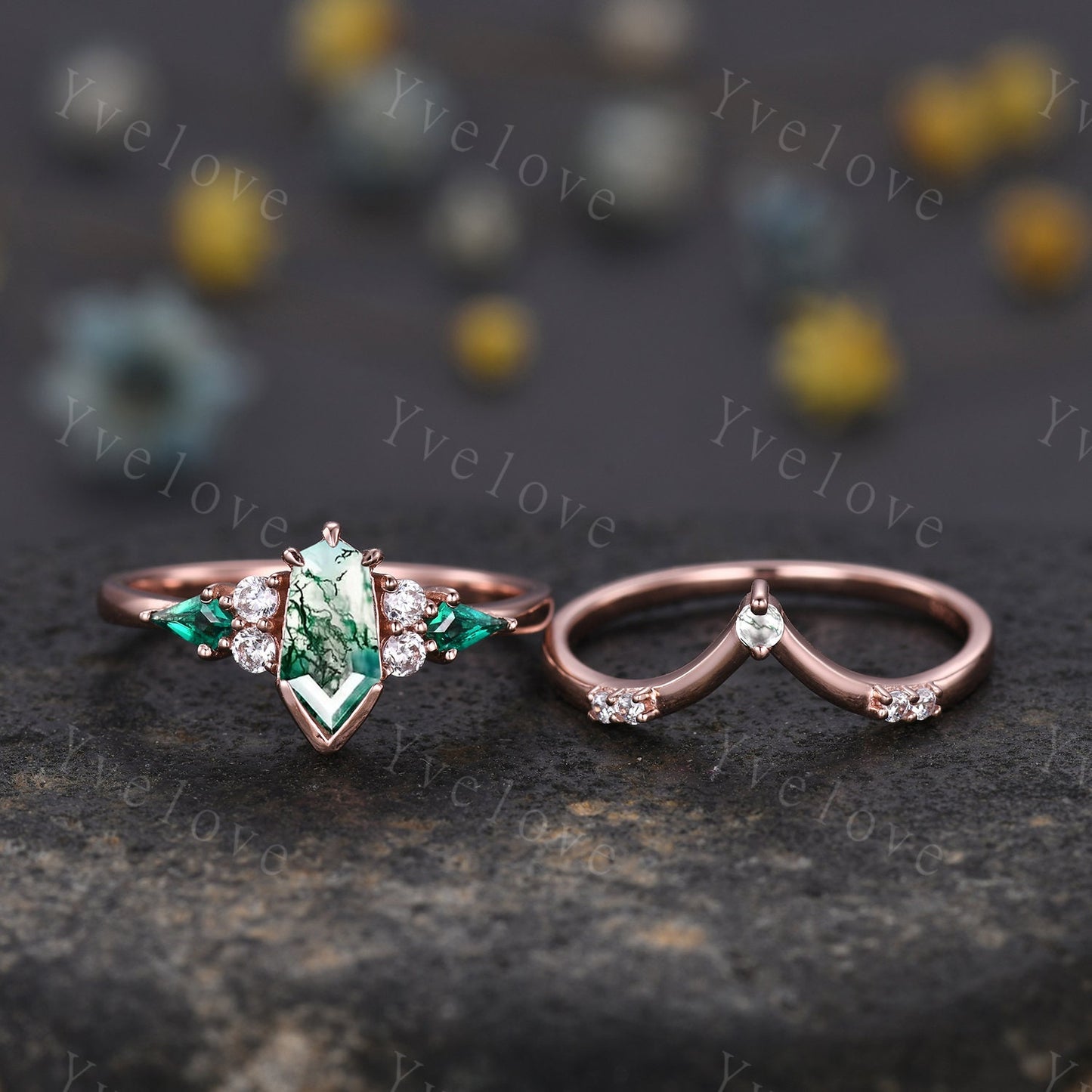 Gothic Coffin cut Moss Agate Engagement Ring Set,Unique Natural Agate Ring,Kite Emerald Ring,Rose Gold Diamond Anniversary Gift Bridal Set