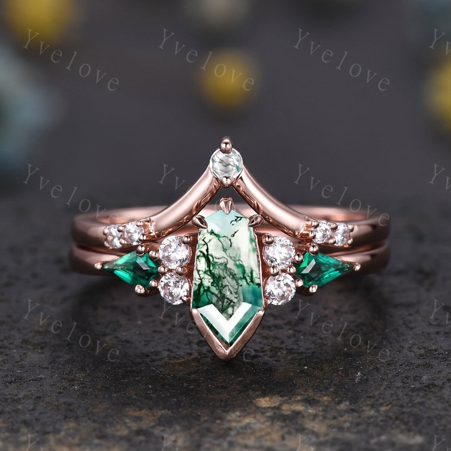 Gothic Coffin cut Moss Agate Engagement Ring Set,Unique Natural Agate Ring,Kite Emerald Ring,Rose Gold Diamond Anniversary Gift Bridal Set