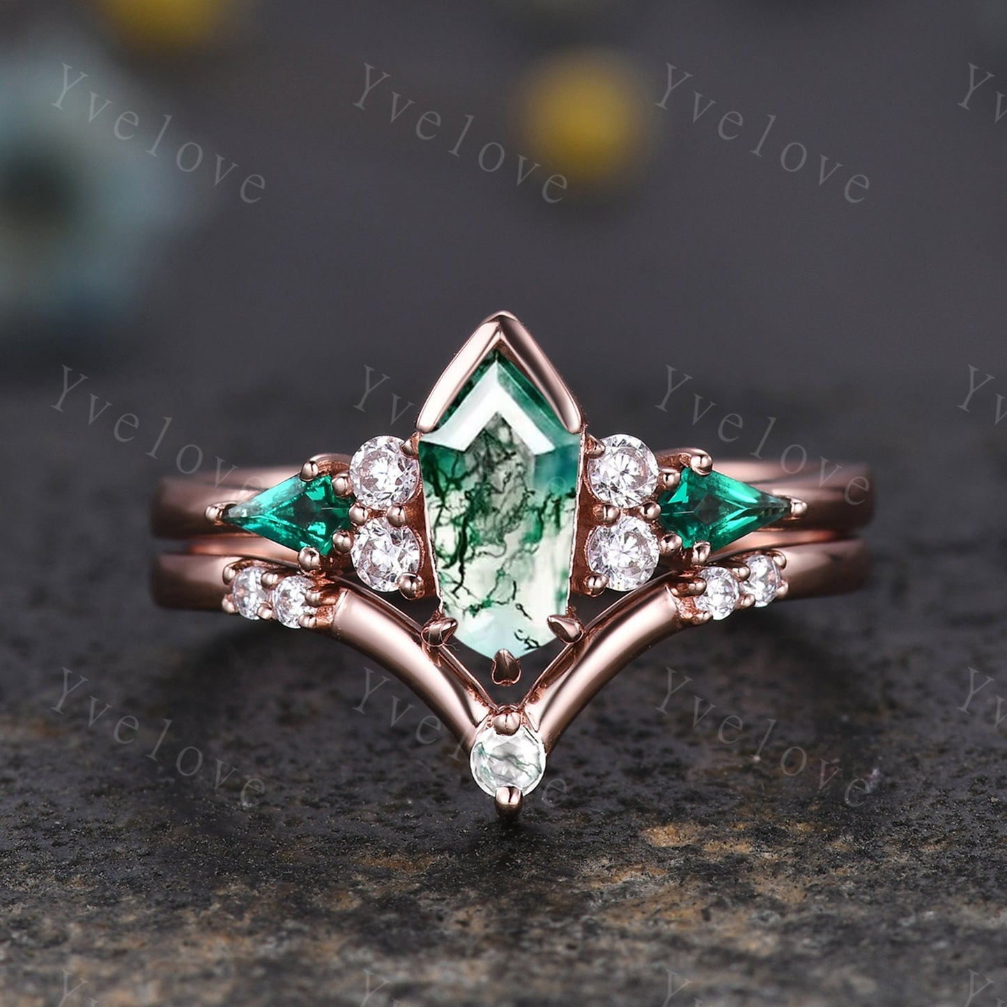 Gothic Coffin cut Moss Agate Engagement Ring,Unique Natural Green Agate Ring,Kite Emerald Ring,Rose Gold Diamond Anniversary Gift Bridal Set