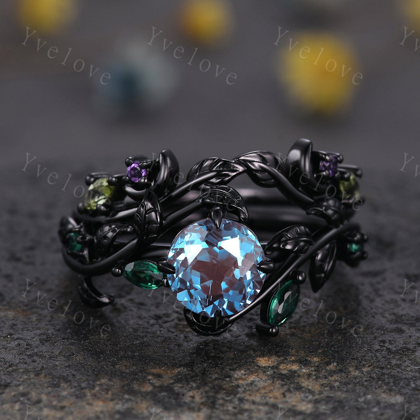 Vintage Round Alexandrite Engagement Ring,Black Gold,Leaf Peridot Amethyst Ring,Women Bridal Set,Unique Nature Inspired Promise Ring Gift