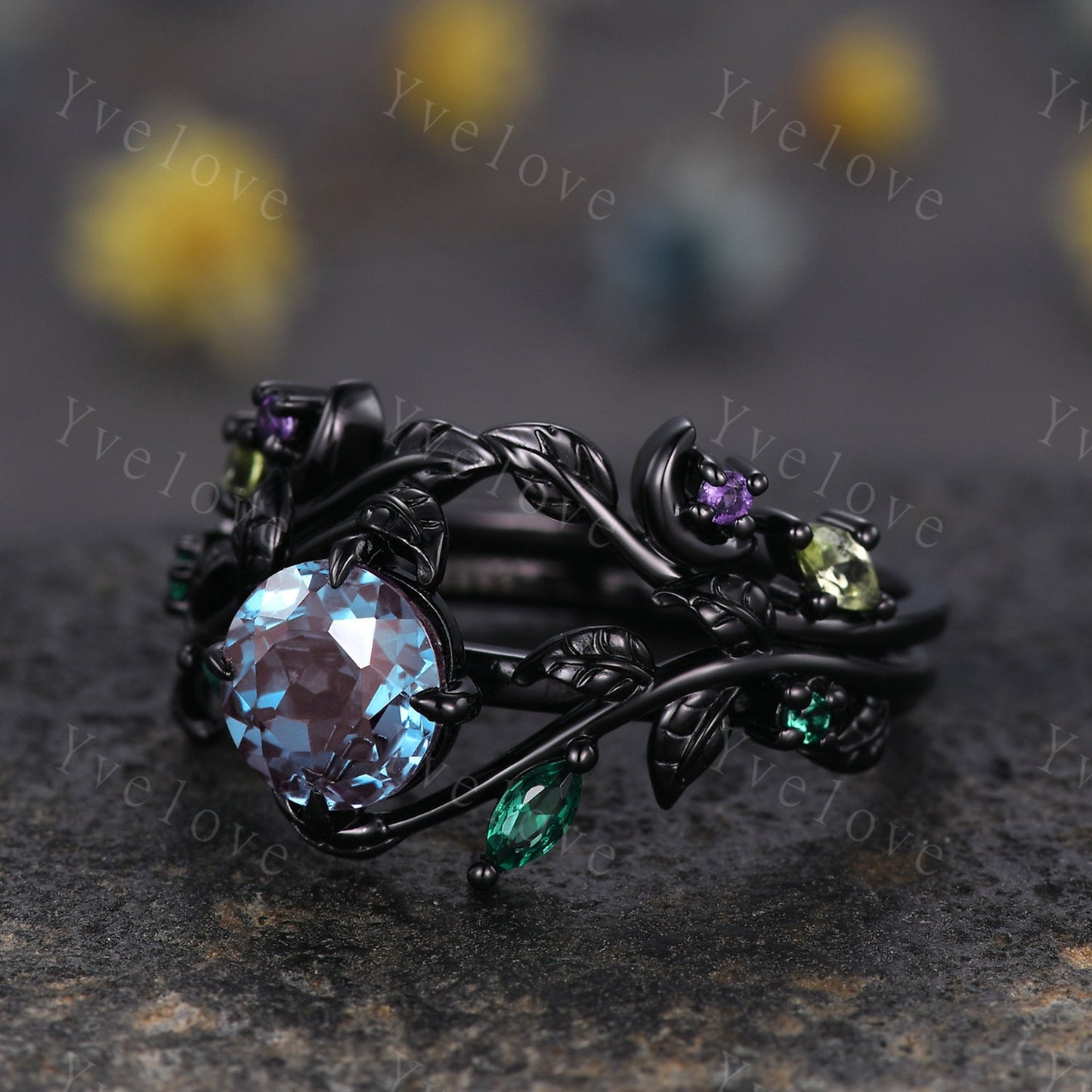 Vintage Round Alexandrite Engagement Ring,Black Gold,Leaf Peridot Amethyst Ring,Women Bridal Set,Unique Nature Inspired Promise Ring Gift