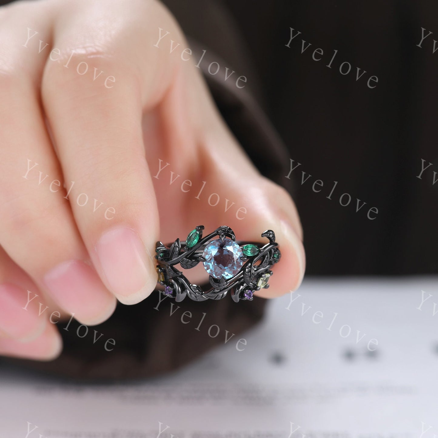 Vintage Round Alexandrite Engagement Ring,Black Gold,Leaf Peridot Amethyst Ring,Women Bridal Set,Unique Nature Inspired Promise Ring Gift