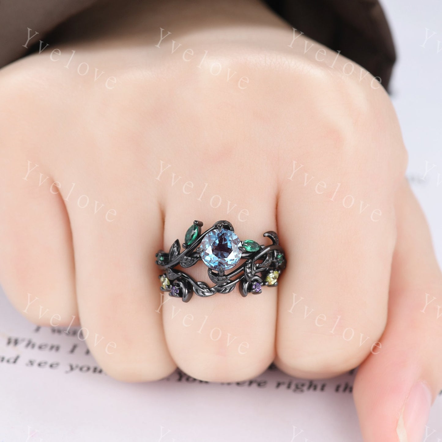 Vintage Round Alexandrite Engagement Ring,Black Gold,Leaf Peridot Amethyst Ring,Women Bridal Set,Unique Nature Inspired Promise Ring Gift