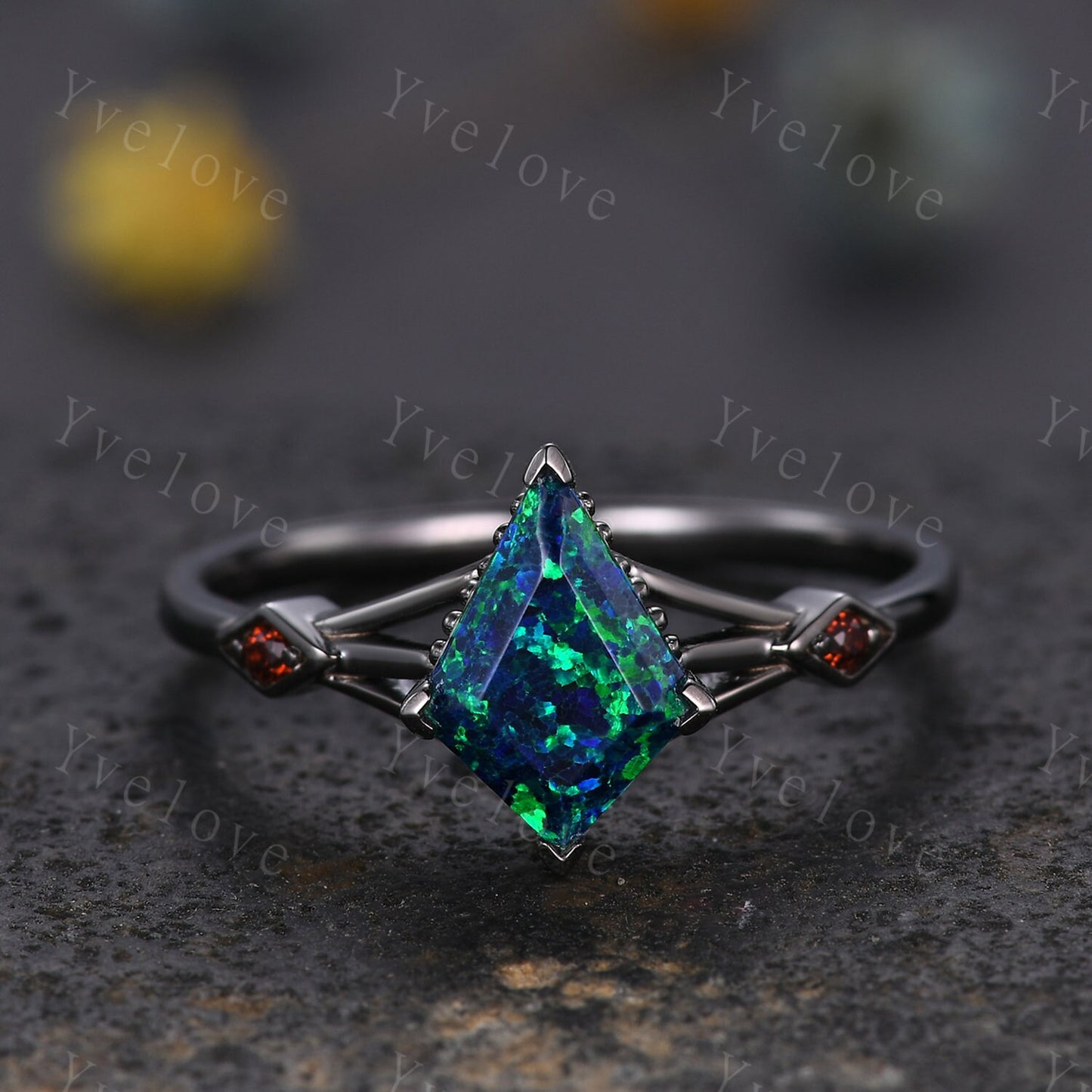 3PCS Vintage kite cut black opal engagement ring,garnet alexandrite ring,baguette sandstone,silver black ring,gothic unique ring set gift