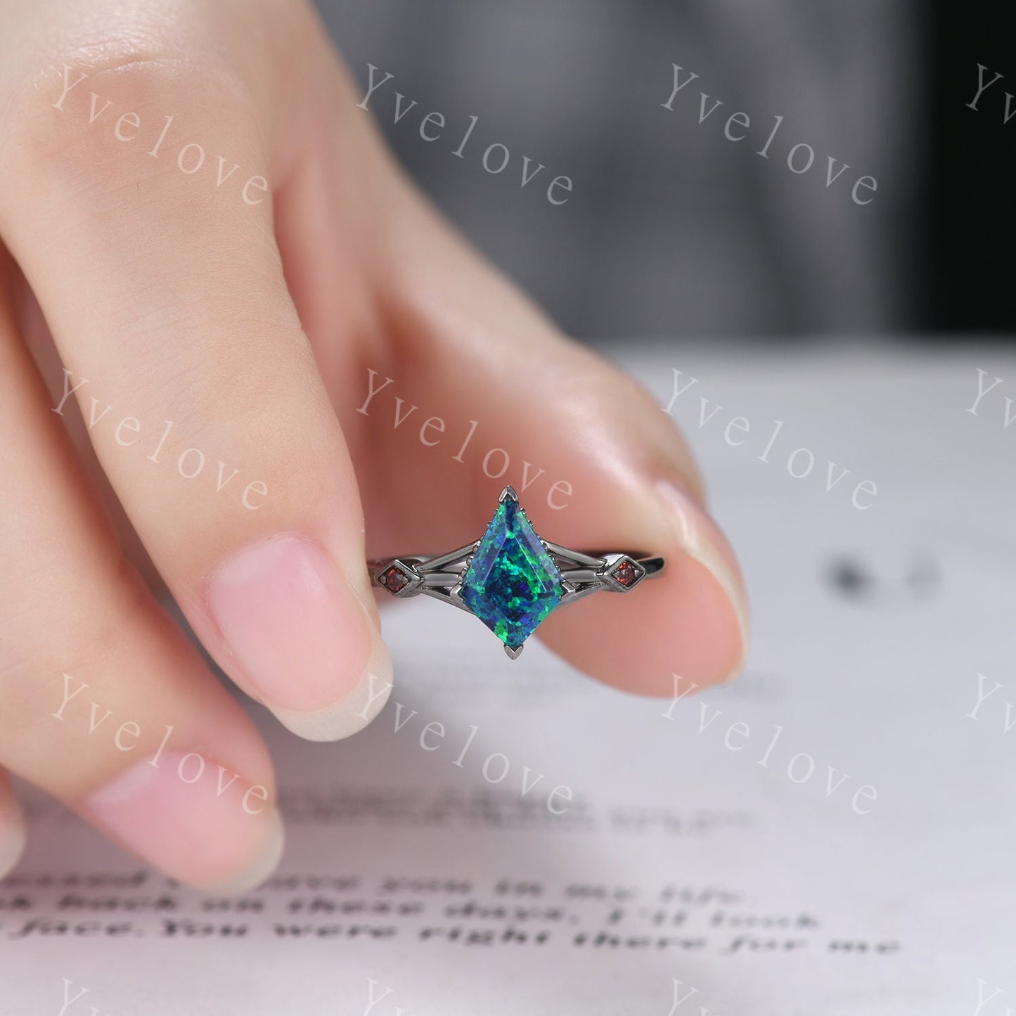 3PCS Vintage kite cut black opal engagement ring,garnet alexandrite ring,baguette sandstone,silver black ring,gothic unique ring set gift