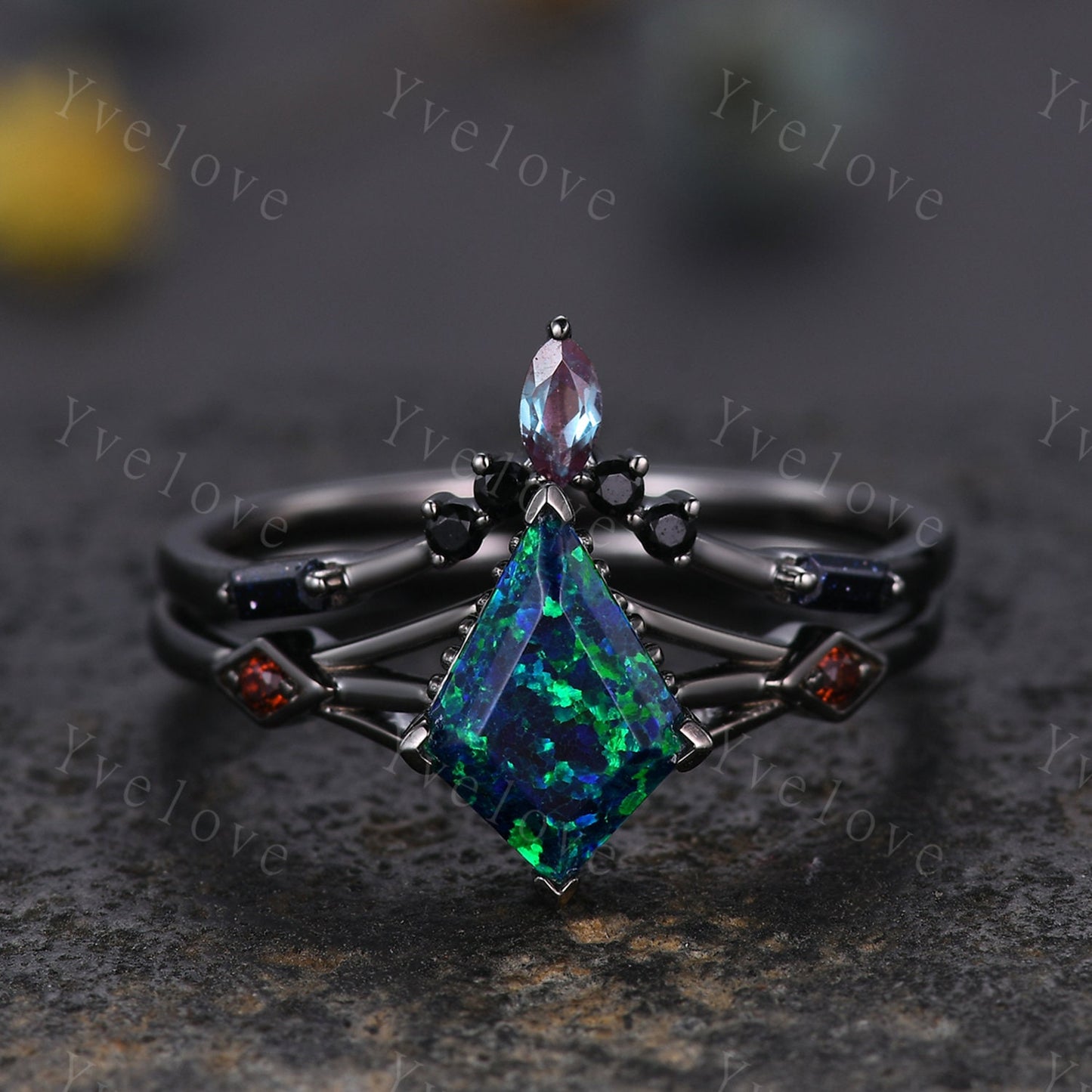 3PCS Vintage kite cut black opal engagement ring,garnet alexandrite ring,baguette sandstone,silver black ring,gothic unique ring set gift
