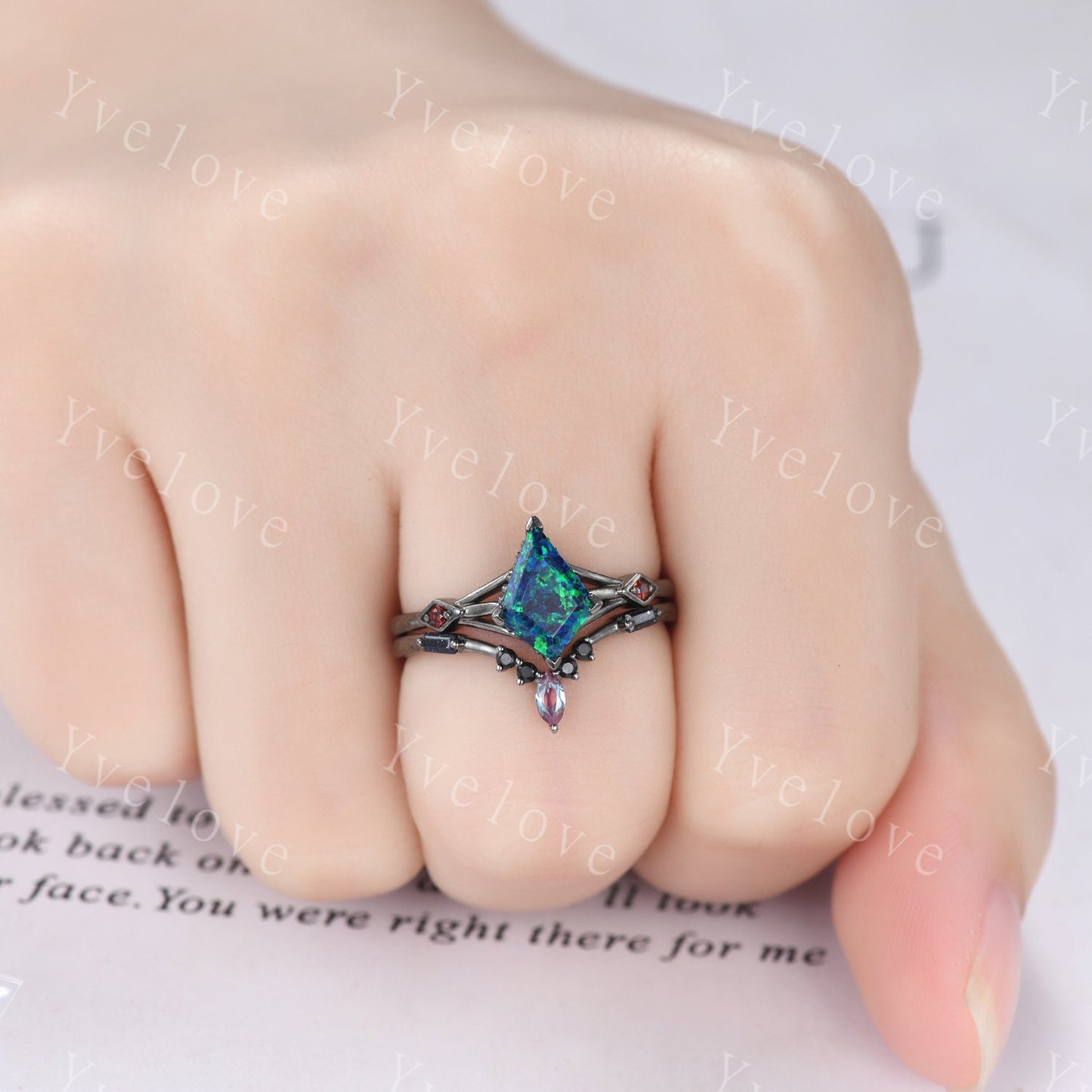 3PCS Vintage kite cut black opal engagement ring,garnet alexandrite ring,baguette sandstone,silver black ring,gothic unique ring set gift