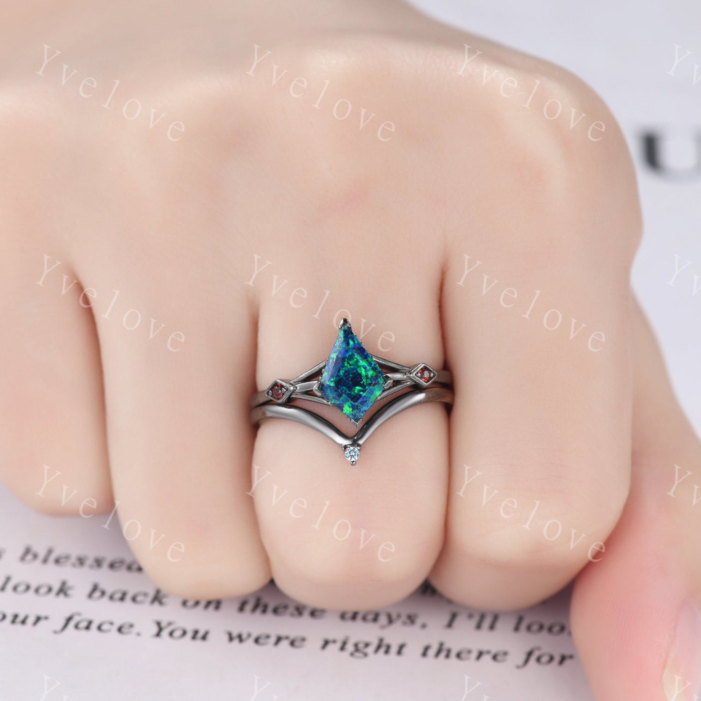 3PCS Vintage kite cut black opal engagement ring,garnet alexandrite ring,baguette sandstone,silver black ring,gothic unique ring set gift
