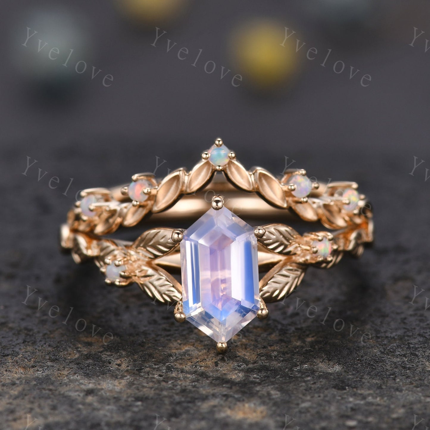 Vintage Hexagon Moonstone Engagement Ring 14k Solid Gold Ring Antique Leaf White Opal Ring Matching Stacking Wedding Band Bridal Set Gift