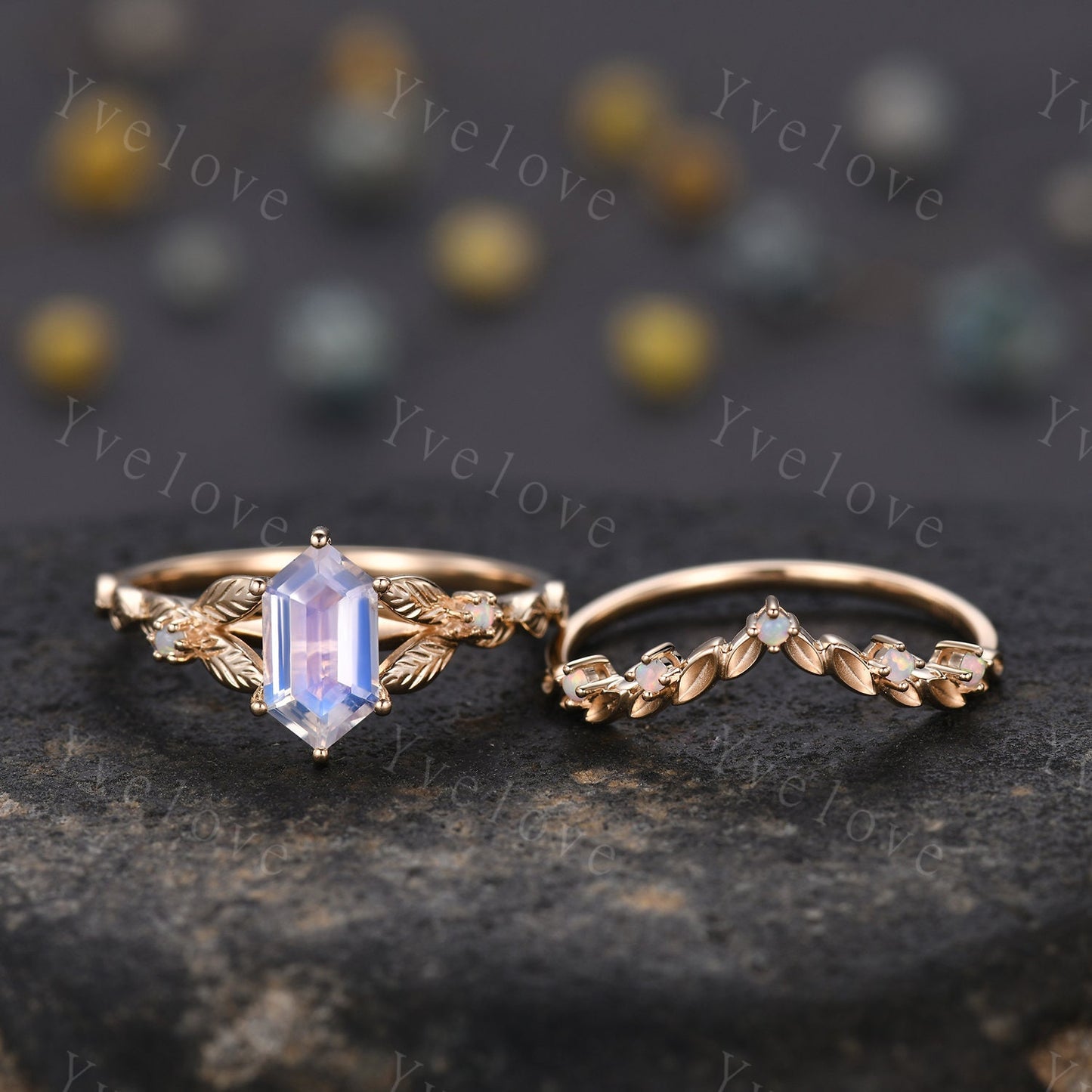 Vintage Hexagon Moonstone Engagement Ring 14k Solid Gold Ring Antique Leaf White Opal Ring Matching Stacking Wedding Band Bridal Set Gift