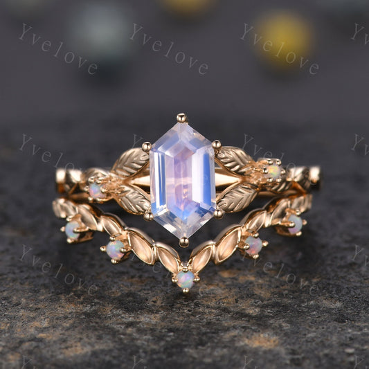 Vintage Hexagon Moonstone Engagement Ring 14k Solid Gold Ring Antique Leaf White Opal Ring Matching Stacking Wedding Band Bridal Set Gift