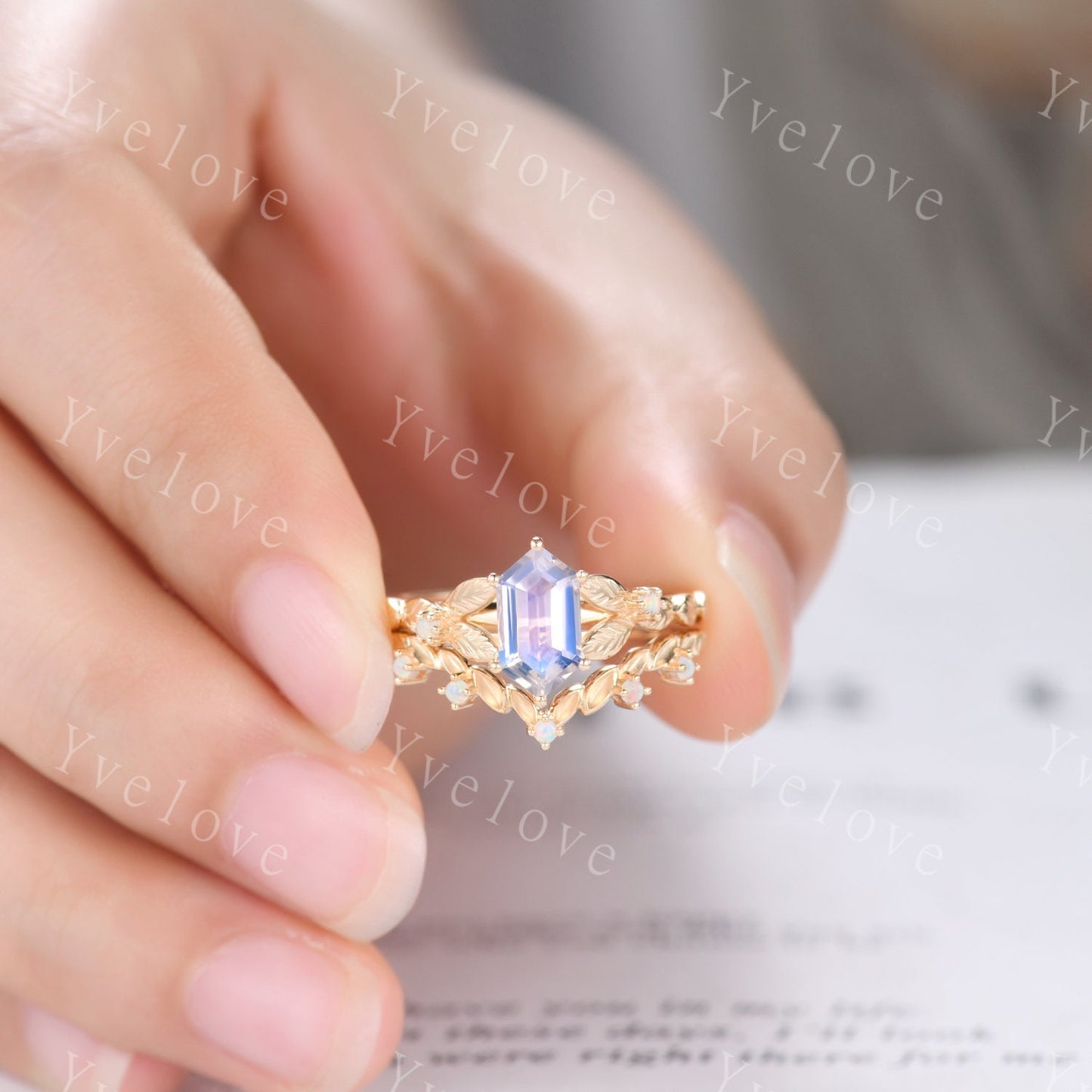 Vintage Hexagon Moonstone Engagement Ring 14k Solid Gold Ring Antique Leaf White Opal Ring Matching Stacking Wedding Band Bridal Set Gift