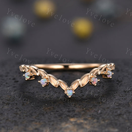 Vintage White Opal Engagement Ring,Leaf Matching Band,V Curved Stackable Ring Women Wedding Band,14k Gold Promise Ring Anniversary Gift