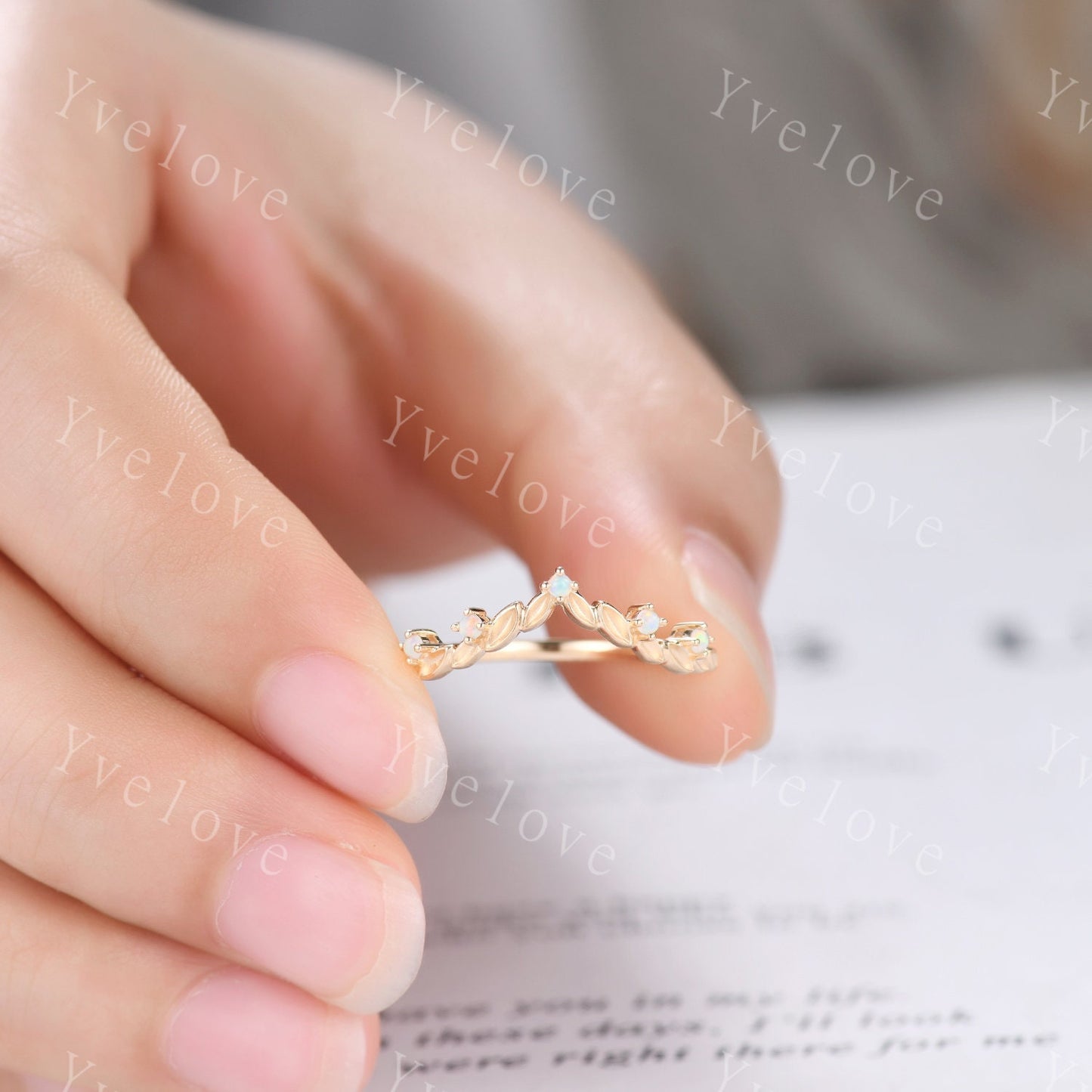 Vintage White Opal Engagement Ring,Leaf Matching Band,V Curved Stackable Ring Women Wedding Band,14k Gold Promise Ring Anniversary Gift