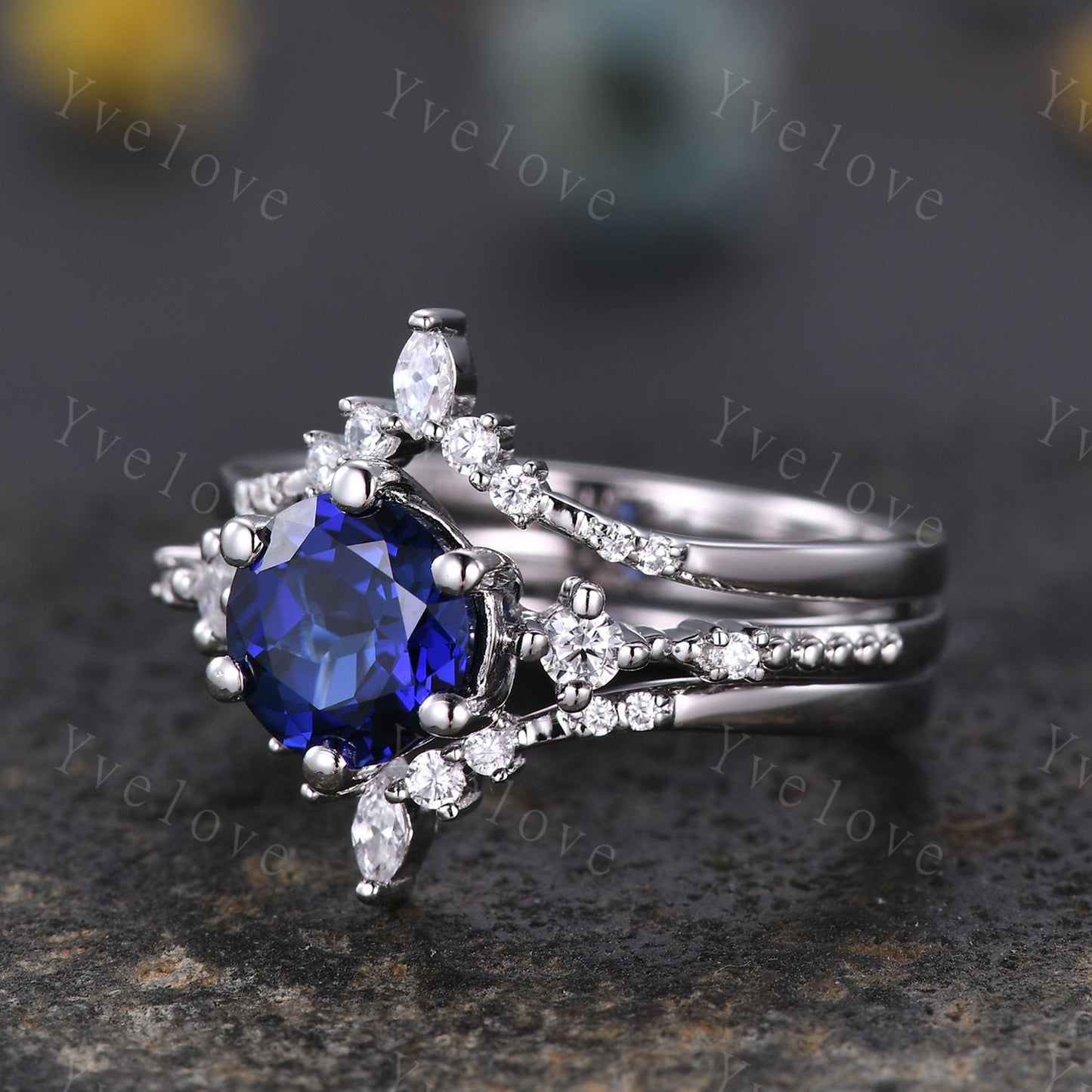Unique Sapphire Ring Set,Blue Sapphire Engagement Ring,Enhancer Ring,Double Curved band,Women Bridal Matching Stacking Diamond Wedding Band
