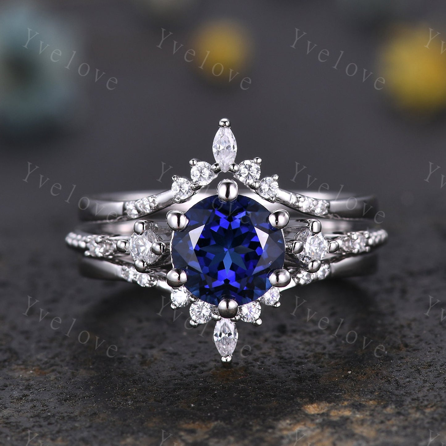 Unique Sapphire Ring Set,Blue Sapphire Engagement Ring,Enhancer Ring,Double Curved band,Women Bridal Matching Stacking Diamond Wedding Band