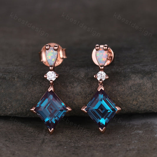 Vintage Alexandrite stud earrings, rhombus cut alexandrite opal earring studs, best friend gift, dangle studs, anniversary gift for her
