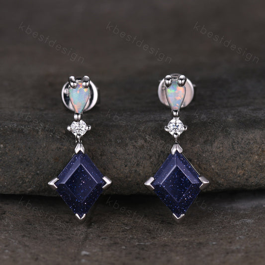 Rhombus cut blue sandstone earring studs, silver opal & galaxy sandstone earrings, best friend gift, dangle studs, anniversary gift for her