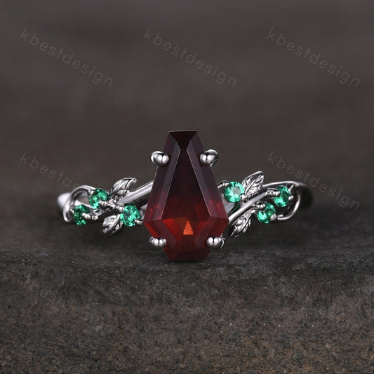 Coffin cut garnet engagement ring Vintage silver ring Art deco leaf design emerald wedding ring nature inspired ring bridal promise ring