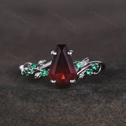 Coffin cut garnet engagement ring Vintage silver ring Art deco leaf design emerald wedding ring nature inspired ring bridal promise ring