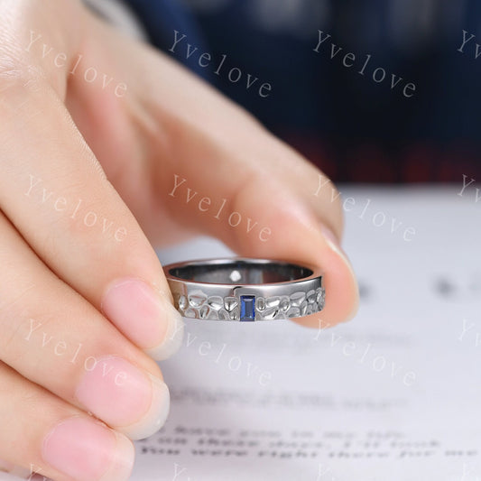 Mens Blue Sapphire Wedding Band Baguette Cut Sapphire Diamond Band Black Gold Mens Hammered Stacking Matching Band Retro Vintage Ring Gift
