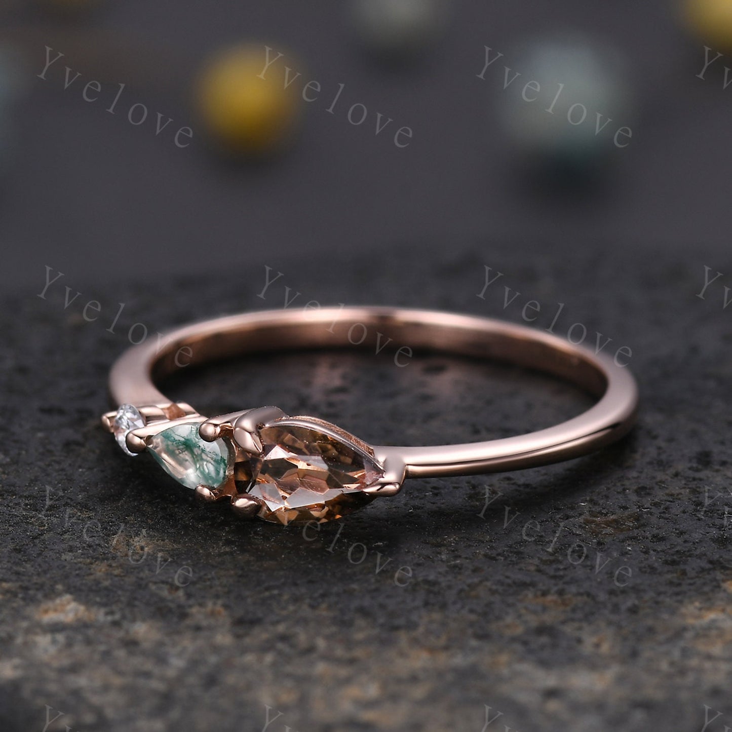 Unique Smoky Quartz Engagement Ring,Pear Cut Moss Agate,Art Deco Moissanite Wedding Band,3 Stone Unique Women Bridal Promise Ring,Customized