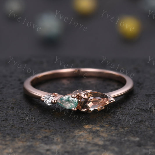 Unique Smoky Quartz Engagement Ring,Pear Cut Moss Agate,Art Deco Moissanite Wedding Band,3 Stone Unique Women Bridal Promise Ring,Customized