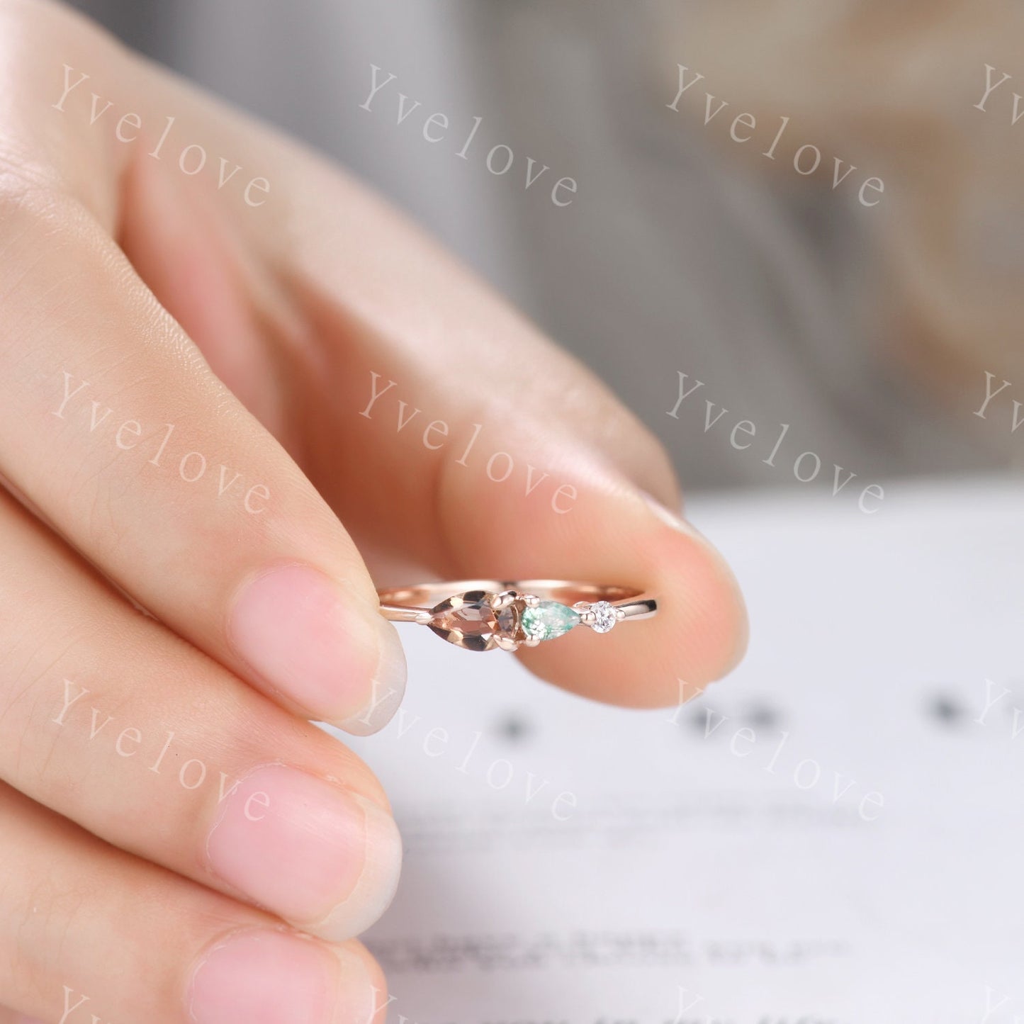 Unique Smoky Quartz Engagement Ring,Pear Cut Moss Agate,Art Deco Moissanite Wedding Band,3 Stone Unique Women Bridal Promise Ring,Customized