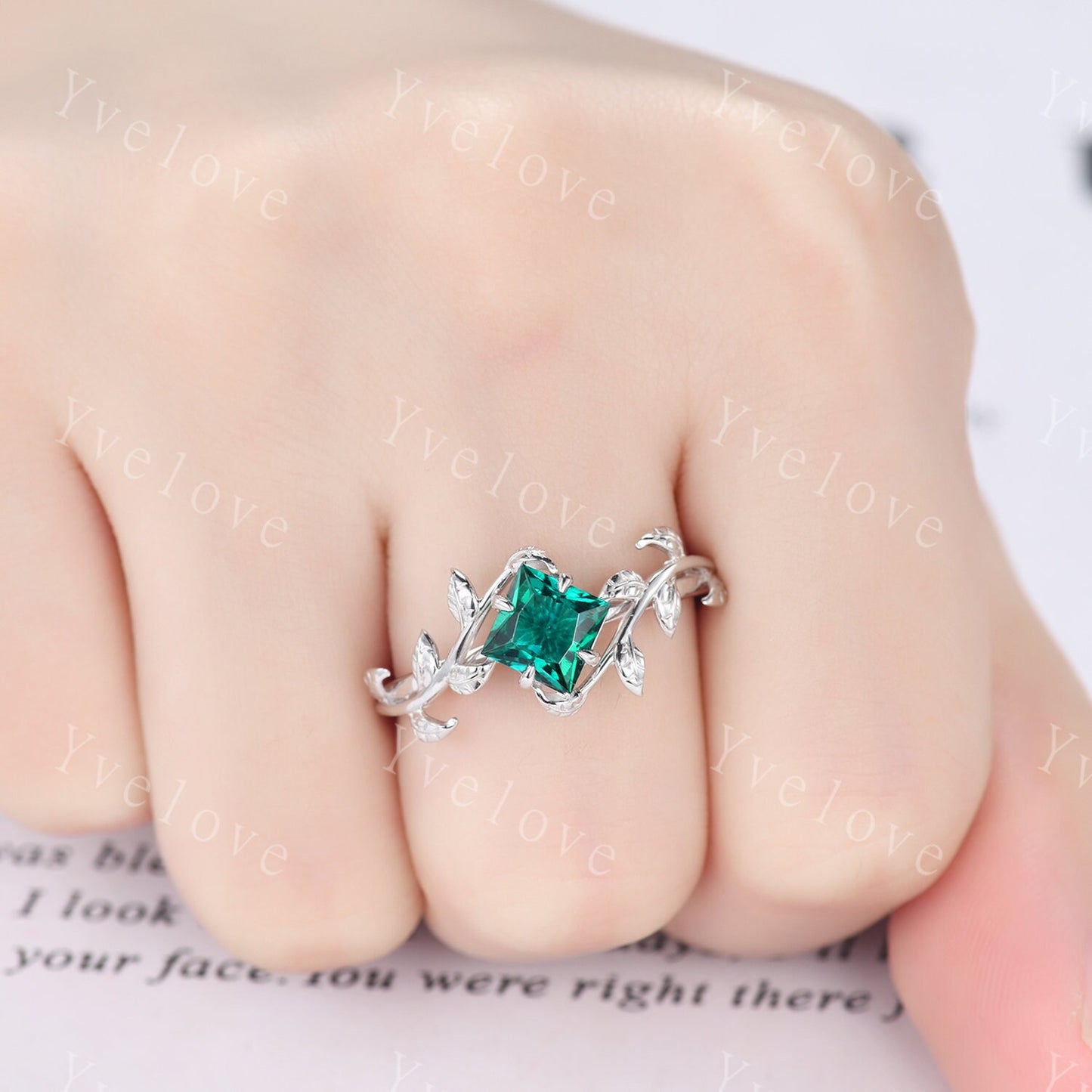 Princess Emerald Ring,Vintage Twig Vine Leaf Ring,Unique Emerald Engagement Ring,May birthstone Ring,Promise Anniversary Bridal Ring Gift