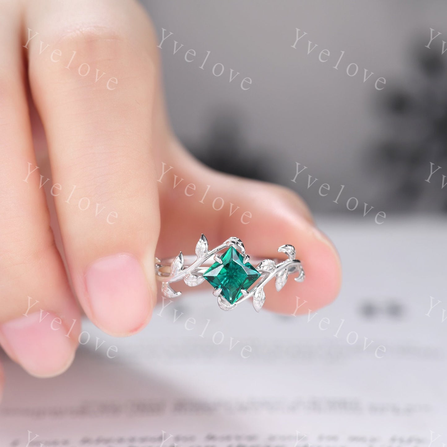 Princess Emerald Ring,Vintage Twig Vine Leaf Ring,Unique Emerald Engagement Ring,May birthstone Ring,Promise Anniversary Bridal Ring Gift