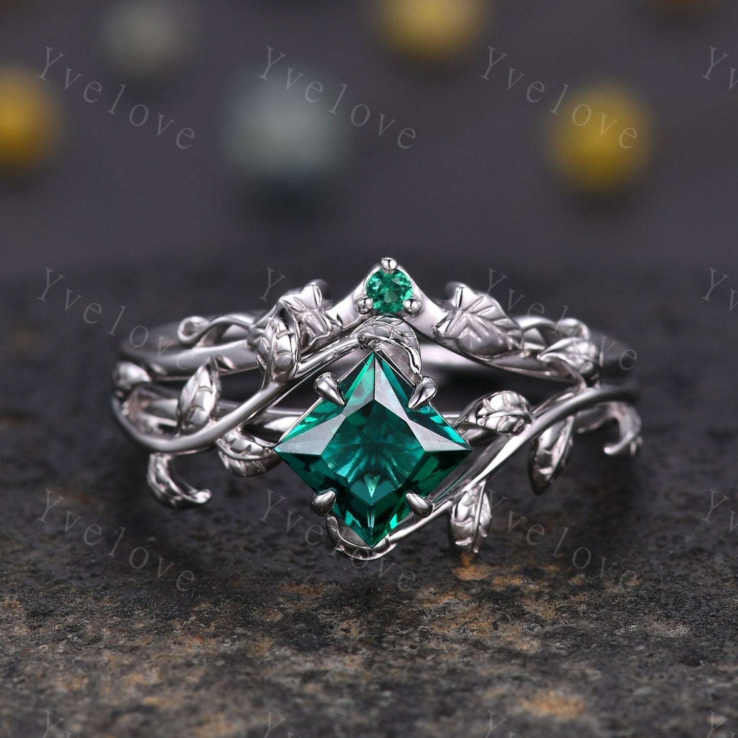 Princess Emerald Ring,Vintage Twig Vine Leaf Ring,Unique Emerald Engagement Ring,May birthstone Ring,Promise Anniversary Bridal Ring Gift