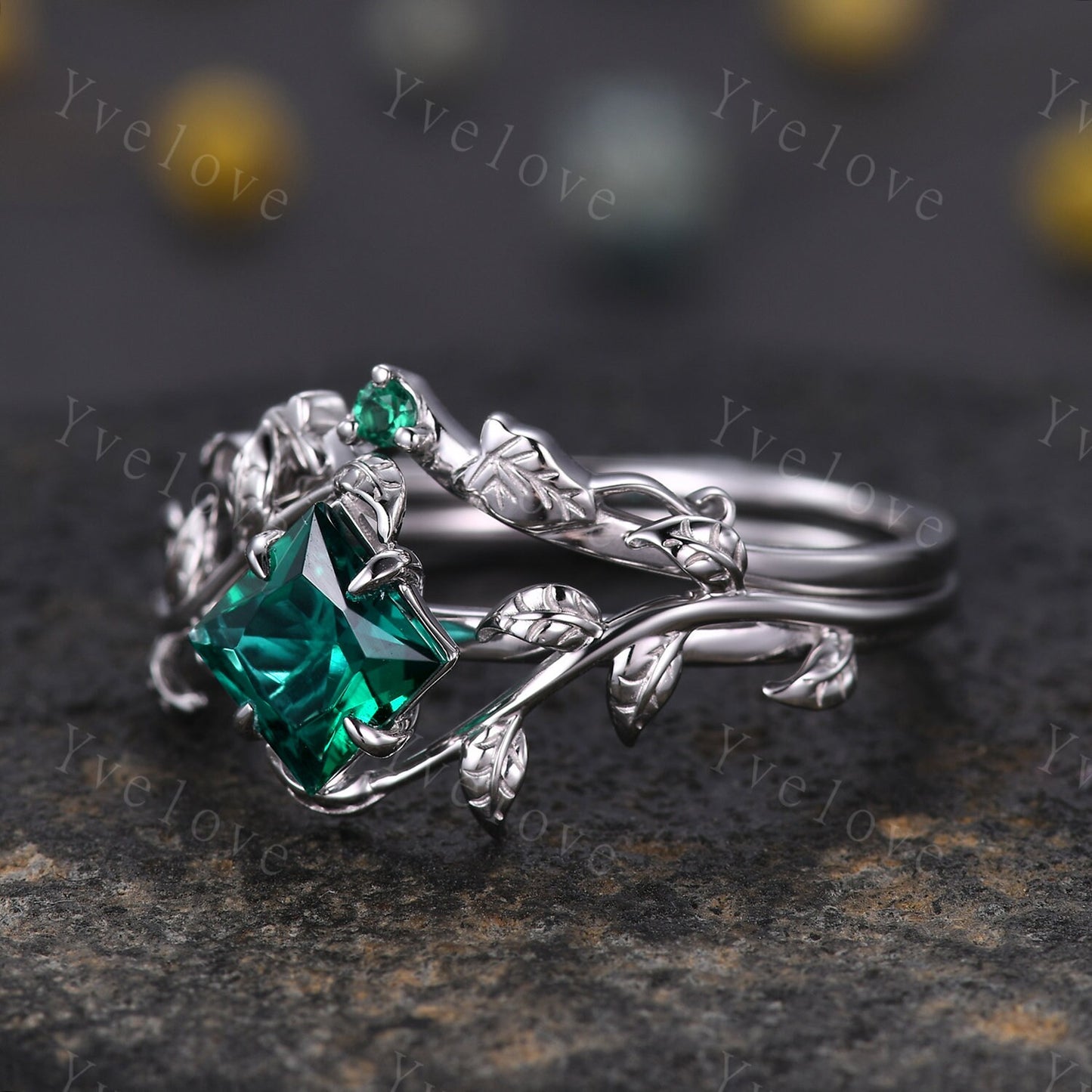 Princess Emerald Ring,Vintage Twig Vine Leaf Ring,Unique Emerald Engagement Ring,May birthstone Ring,Promise Anniversary Bridal Ring Gift